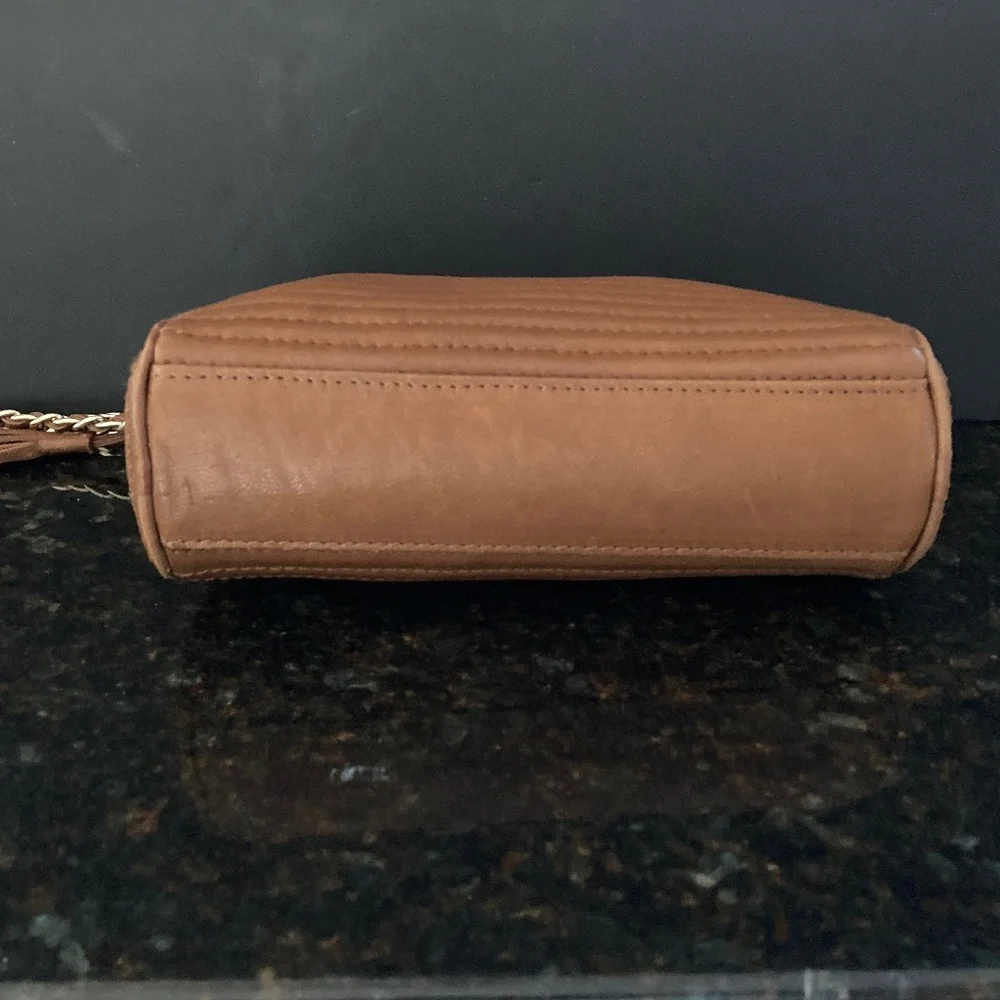 Nordstrom Genuine Leather Caramel Crossbody Bag/Gold Tone Woven Chain/NEW!